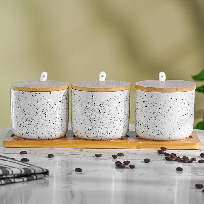 White Canister Set with Bamboo Lids and Tray - Set of 3 - The Golden Theory Main image
