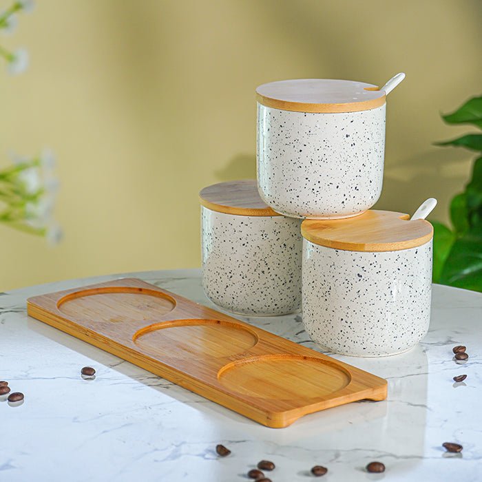 White Canister Set with Bamboo Lids and Tray - Set of 3 - The Golden Theory