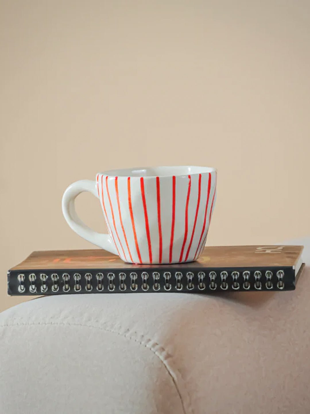 White Ceramic Cup with Hand-Painted Red Stripes - The Golden Theory