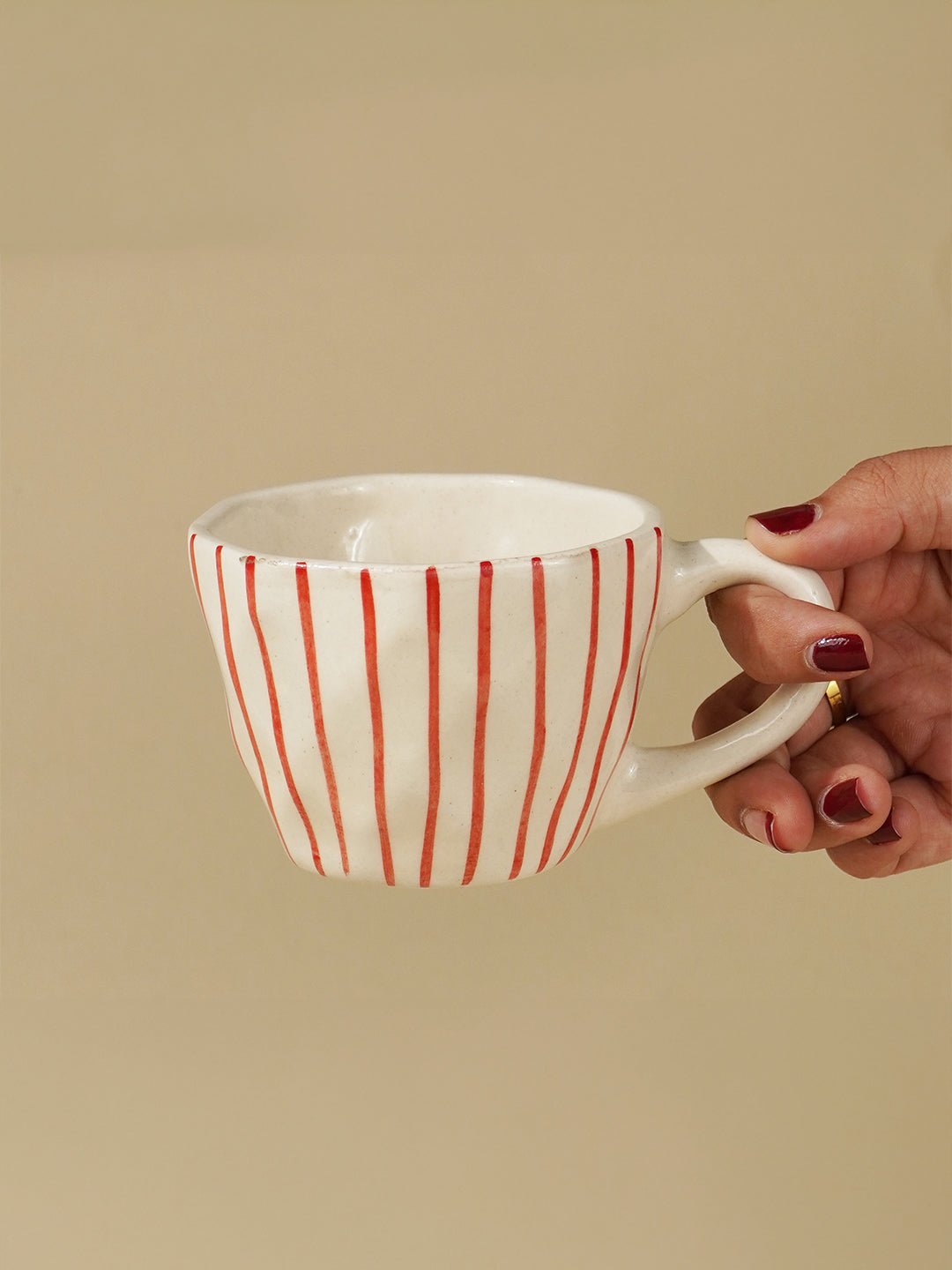 White Ceramic Cup with Hand-Painted Red Stripes - The Golden Theory