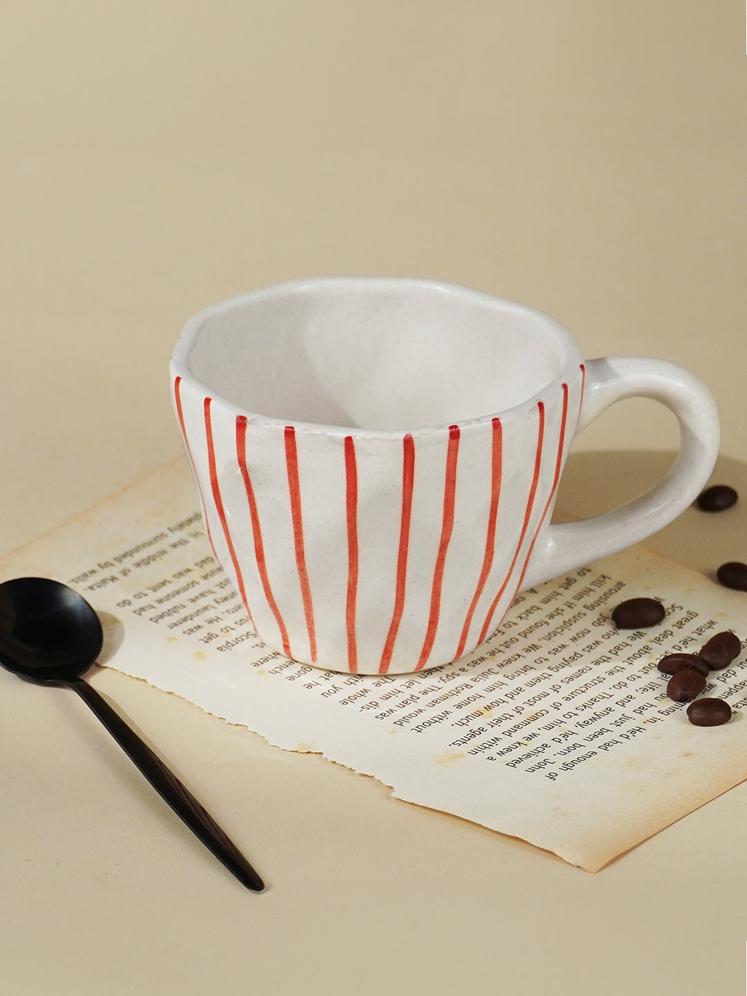 White Ceramic Cup with Hand-Painted Red Stripes Secondary image