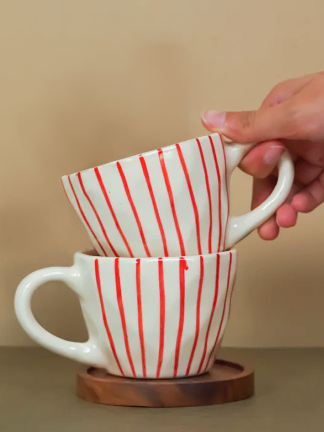 White Ceramic Cup with Hand-Painted Red Stripes - The Golden Theory