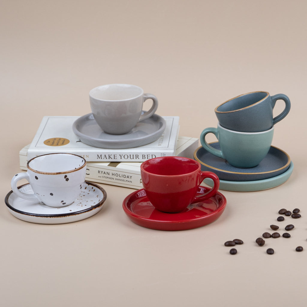White Ceramic Espresso Cup and Saucer with Black Dots | Set of 2 - The Golden Theory