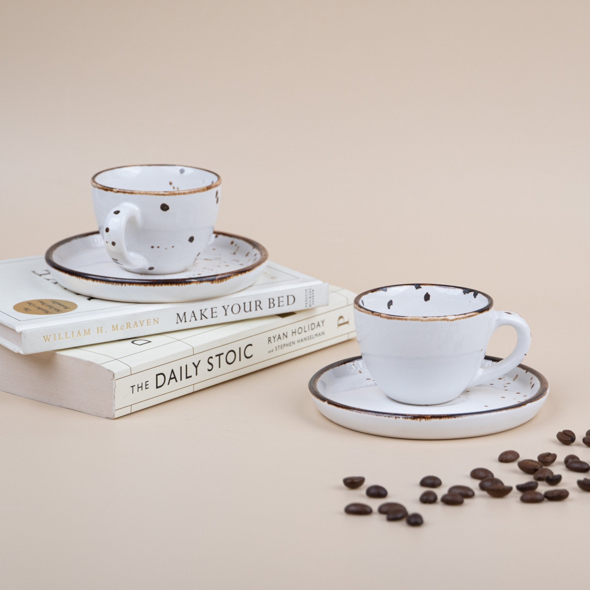 White Ceramic Espresso Cup and Saucer with Black Dots | Set of 2 - The Golden Theory