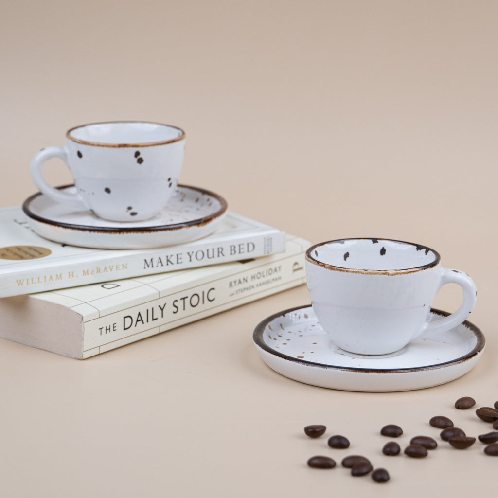 White Ceramic Espresso Cup and Saucer with Black Dots | Set of 2 - The Golden Theory
