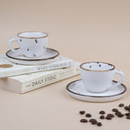 White Ceramic Espresso Cup and Saucer with Black Dots | Set of 2 - The Golden Theory