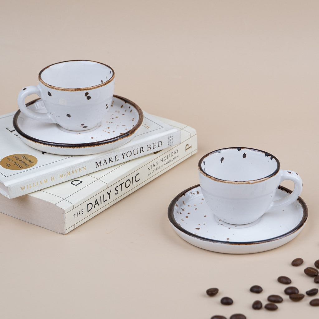 White Ceramic Espresso Cup and Saucer with Black Dots | Set of 2 - The Golden Theory
