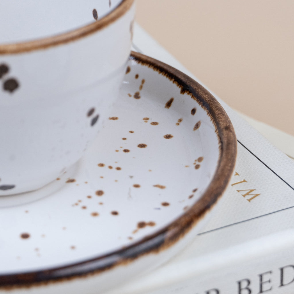 White Ceramic Espresso Cup and Saucer with Black Dots | Set of 2 - The Golden Theory