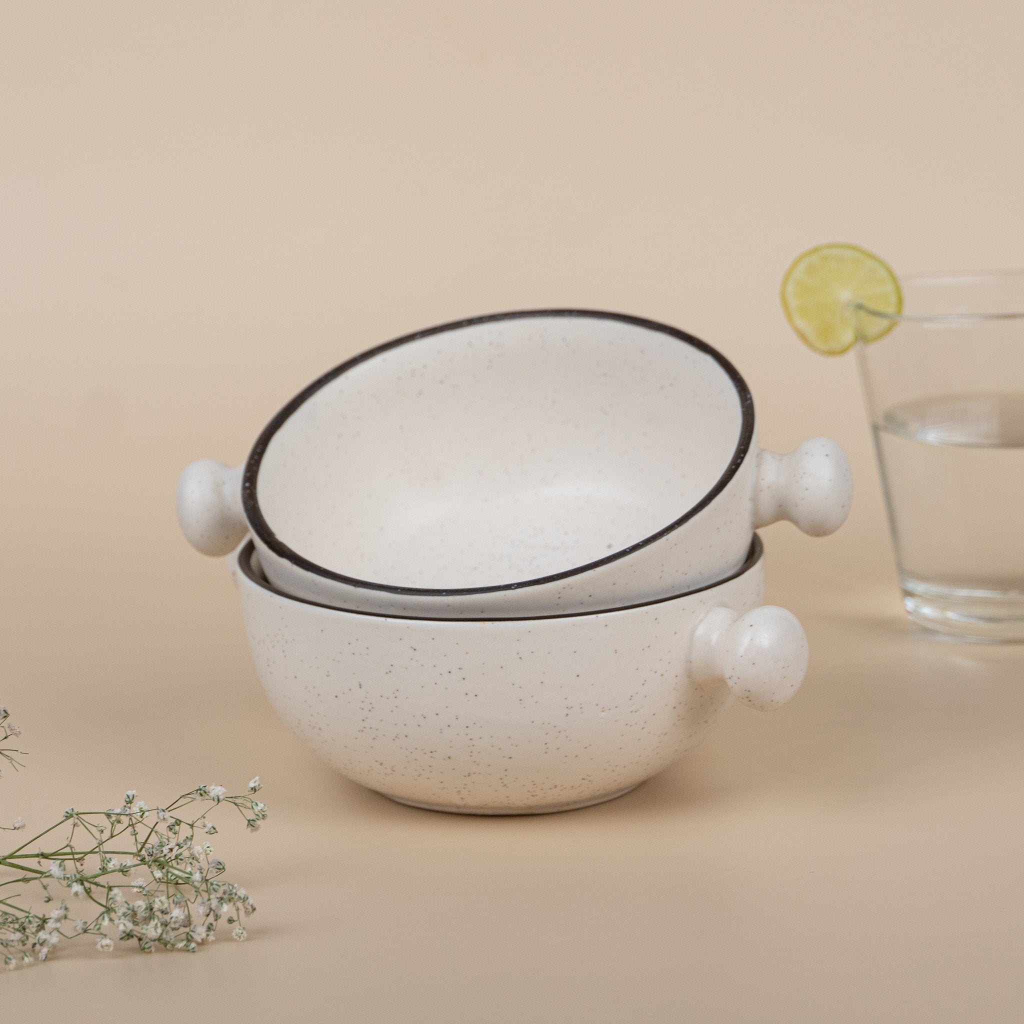 White Ceramic Serving Bowl with Black Border | Set of 2 - The Golden Theory