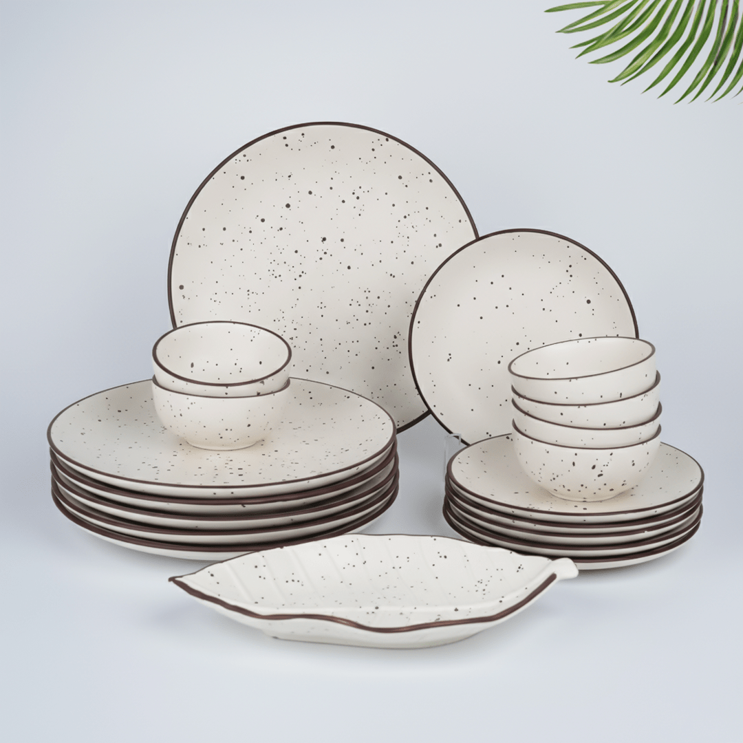 White Ceramic Speckled Dinner Set (Set of 19) - The Golden Theory Main image
