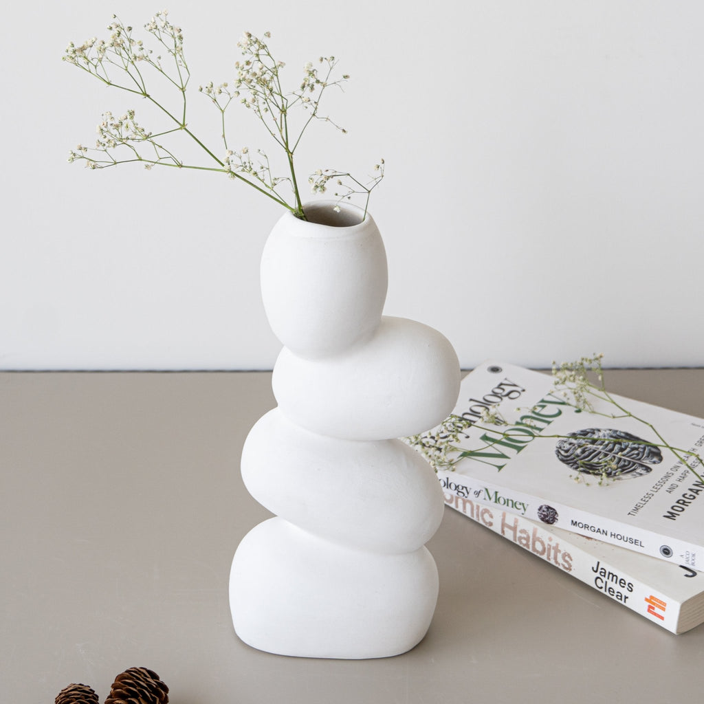 White Ceramic Stacked Stone Flower Vase - The Golden Theory