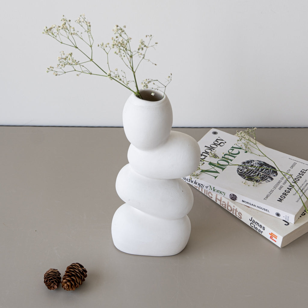 White Ceramic Stacked Stone Flower Vase - The Golden Theory