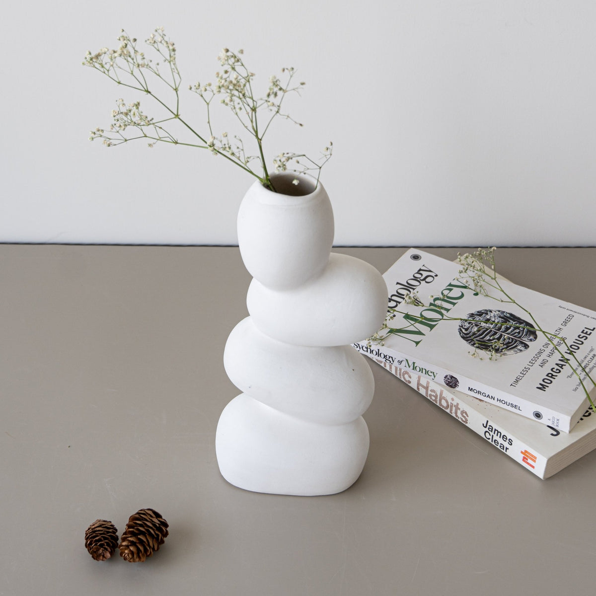 White Ceramic Stacked Stone Flower Vase - The Golden Theory