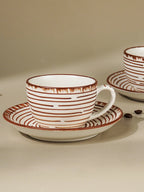 White Ceramic with Brown Spiral Cup and Saucer Set - The Golden Theory