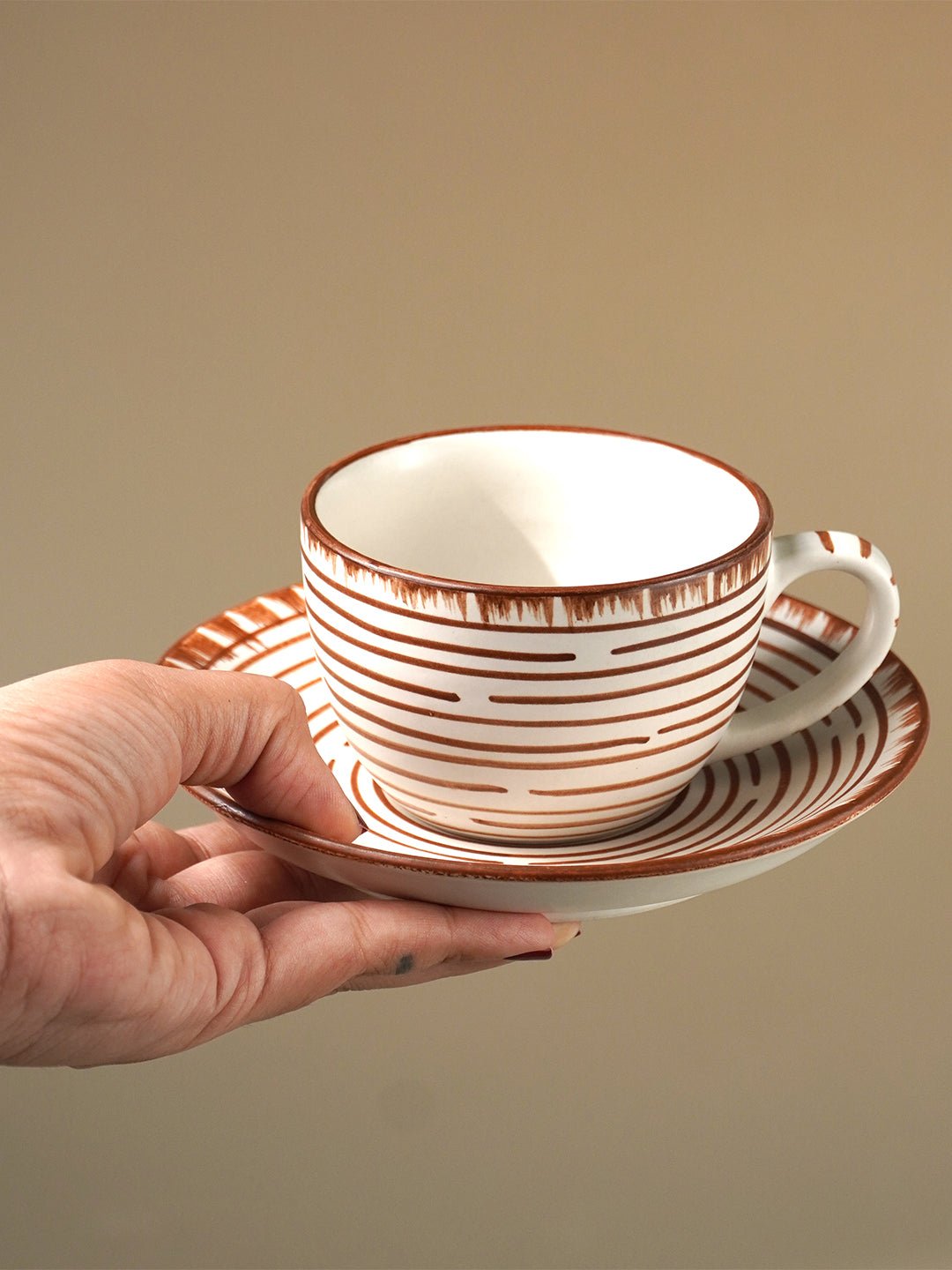 White Ceramic with Brown Spiral Cup and Saucer Set - The Golden Theory