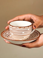 White Ceramic with Brown Spiral Cup and Saucer Set - The Golden Theory