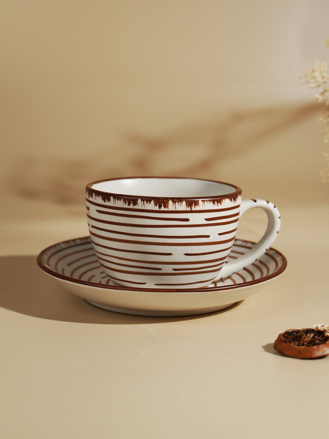 White Ceramic with Brown Spiral Cup and Saucer Set - The Golden Theory Main image