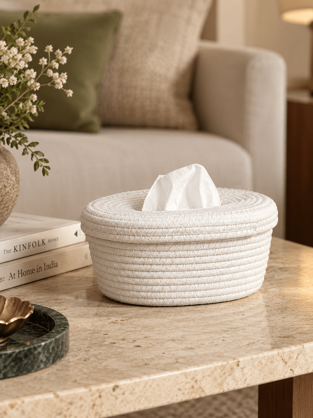 White Cotton Rope Tissue Box with Soft-Lid Closure - The Golden Theory Main image