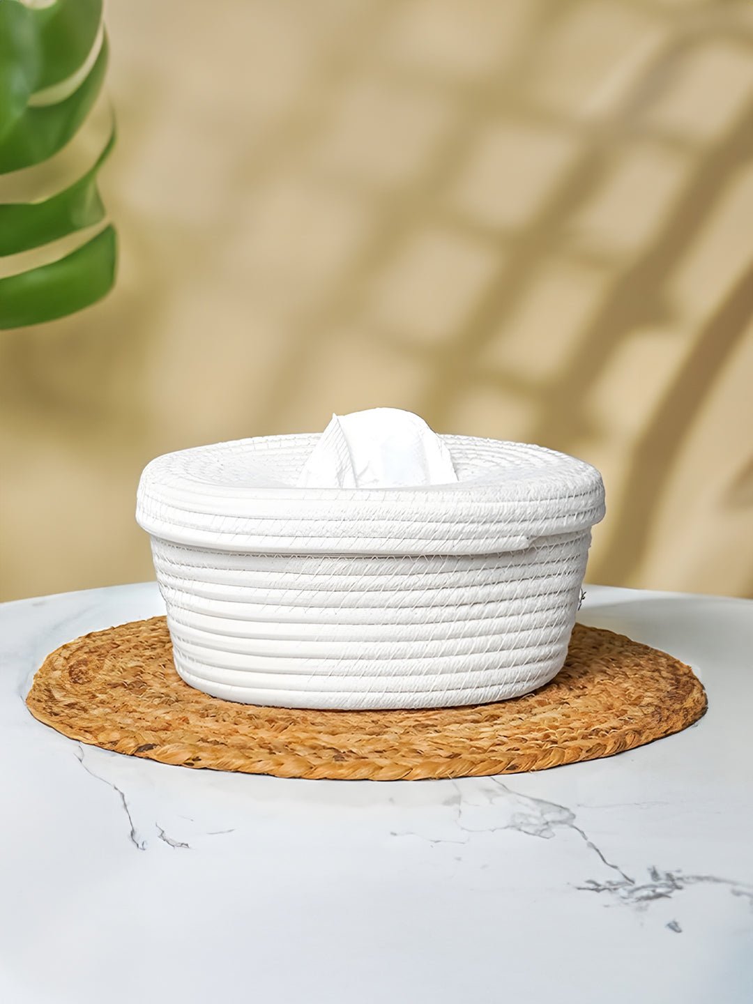 White Cotton Rope Tissue Box with Soft-Lid Closure - The Golden Theory Main image