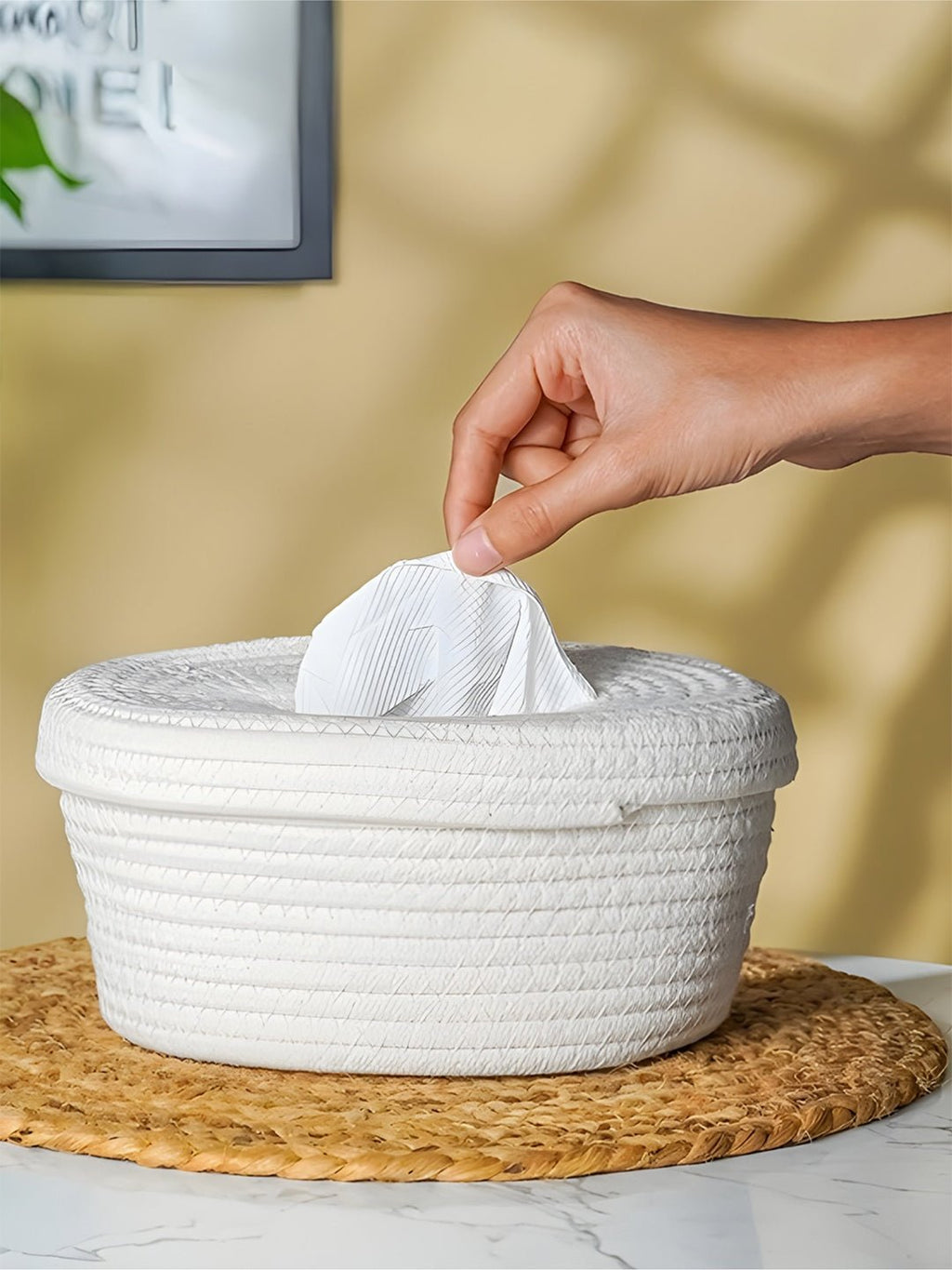 White Cotton Rope Tissue Box with Soft-Lid Closure - The Golden Theory