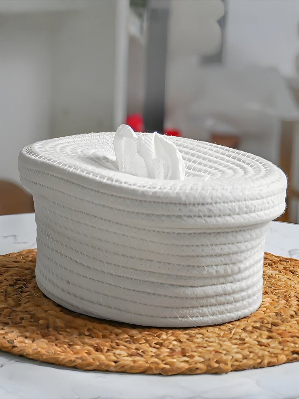 White Cotton Rope Tissue Box with Soft-Lid Closure - The Golden Theory