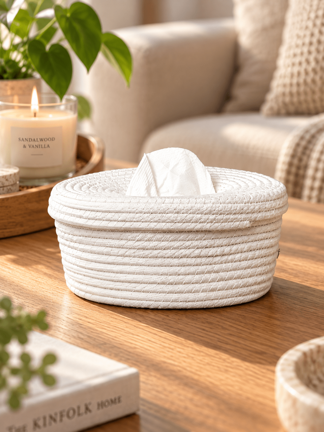 White Cotton Rope Tissue Box with Soft-Lid Closure Secondary image