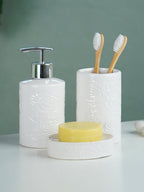 White Embossed Rose Ceramic Bathroom Set of 3 - The Golden Theory