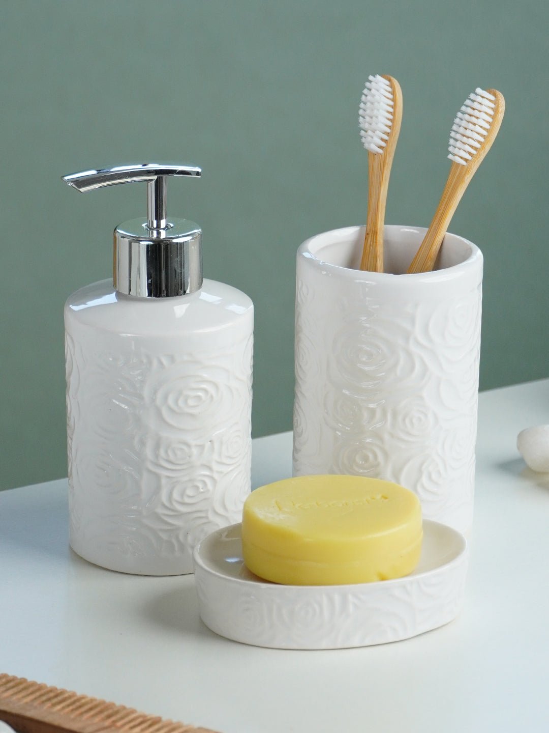 White Embossed Rose Ceramic Bathroom Set of 3 - The Golden Theory Main image
