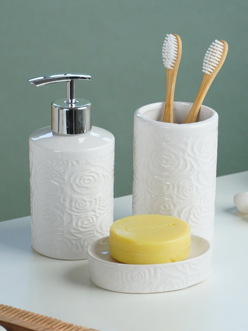 White Embossed Rose Ceramic Bathroom Set of 3 - The Golden Theory