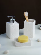 White Geometric Embossed Ceramic Bathroom Set of 3 - The Golden Theory
