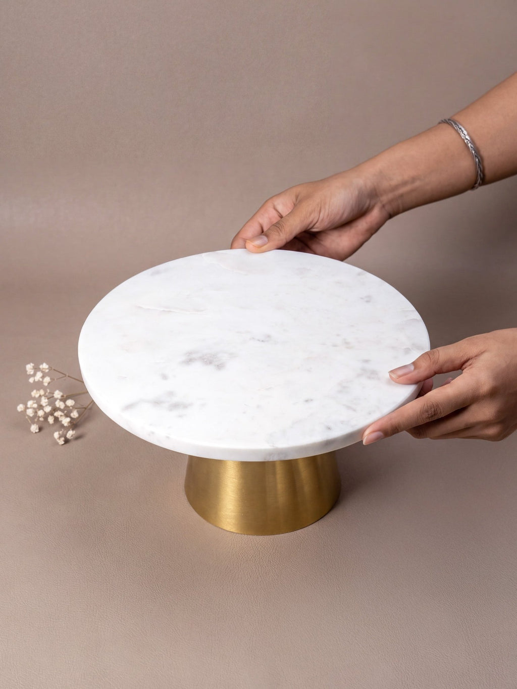 White Marble Cake Stand with Brass Base - The Golden Theory
