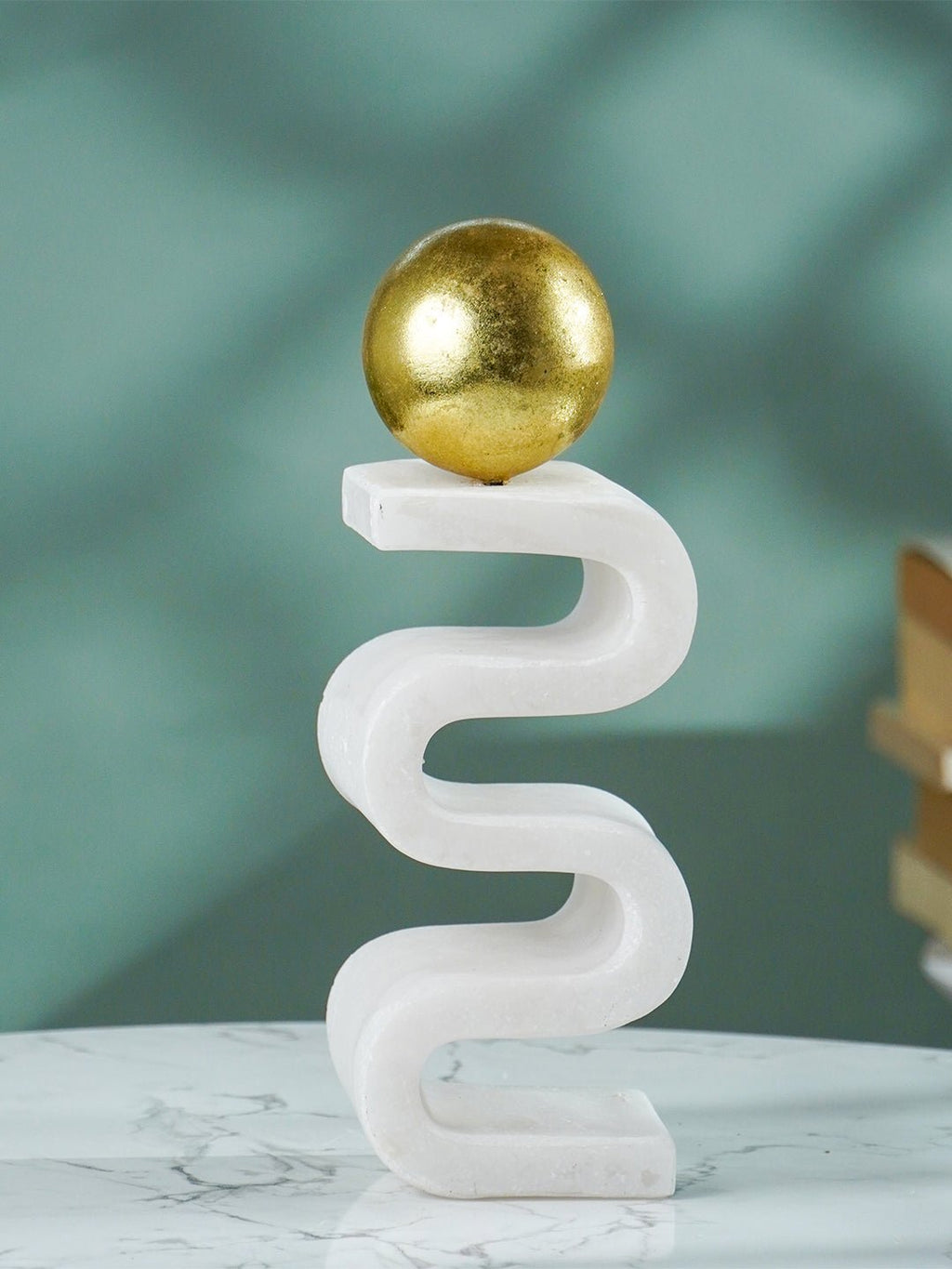 White Marble-Finish Zigzag Sculpture with Gold Sphere - The Golden Theory