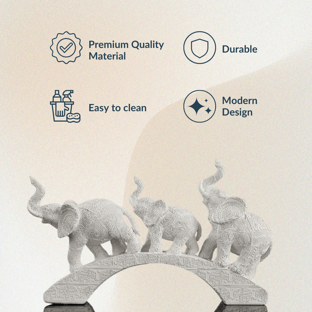 White Resin Elephant Family on Bridge - The Golden Theory