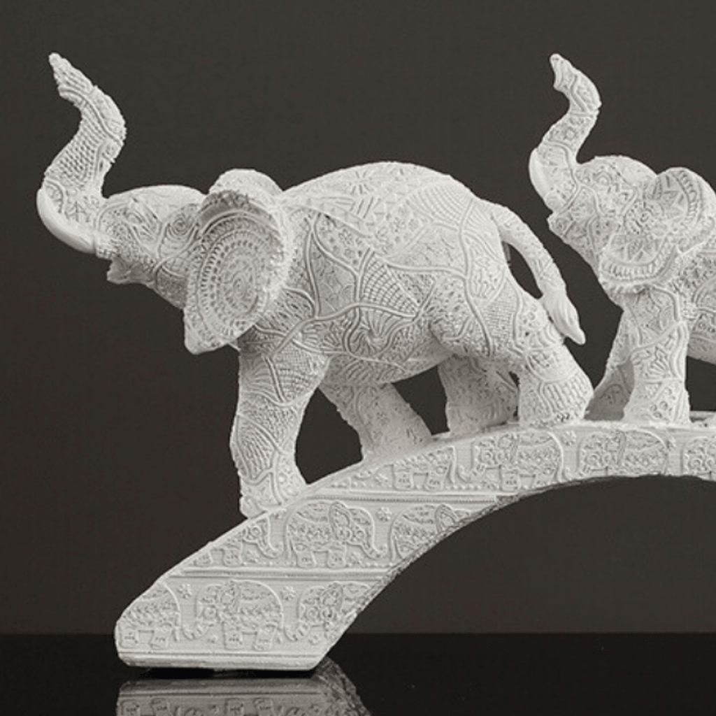 White Resin Elephant Family on Bridge - The Golden Theory
