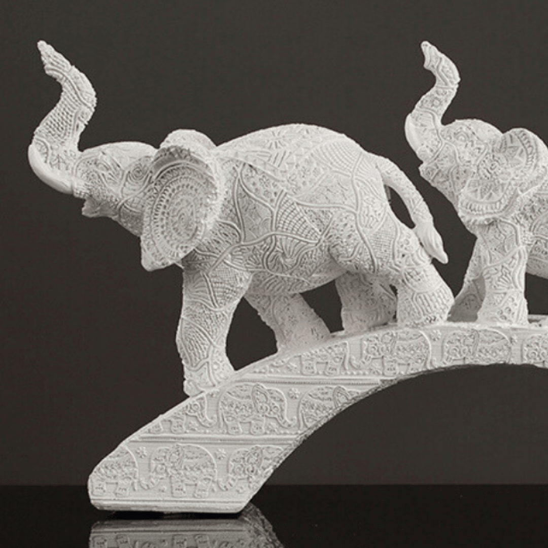 White Resin Elephant Family on Bridge - The Golden Theory