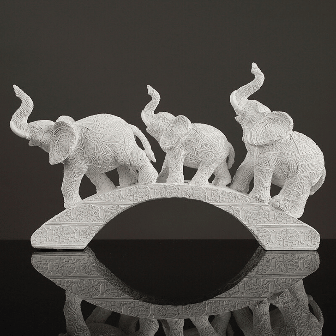 White Resin Elephant Family on Bridge - The Golden Theory Main image