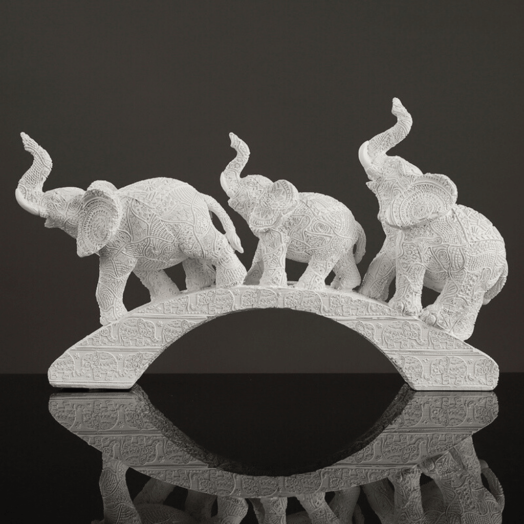 White Resin Elephant Family on Bridge - The Golden Theory