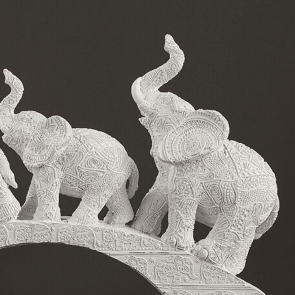 White Resin Elephant Family on Bridge - The Golden Theory