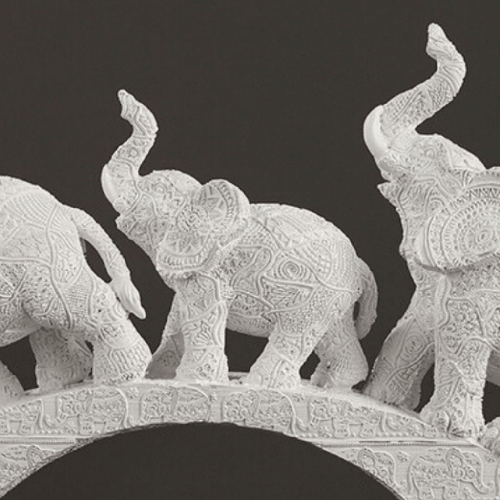 White Resin Elephant Family on Bridge - The Golden Theory