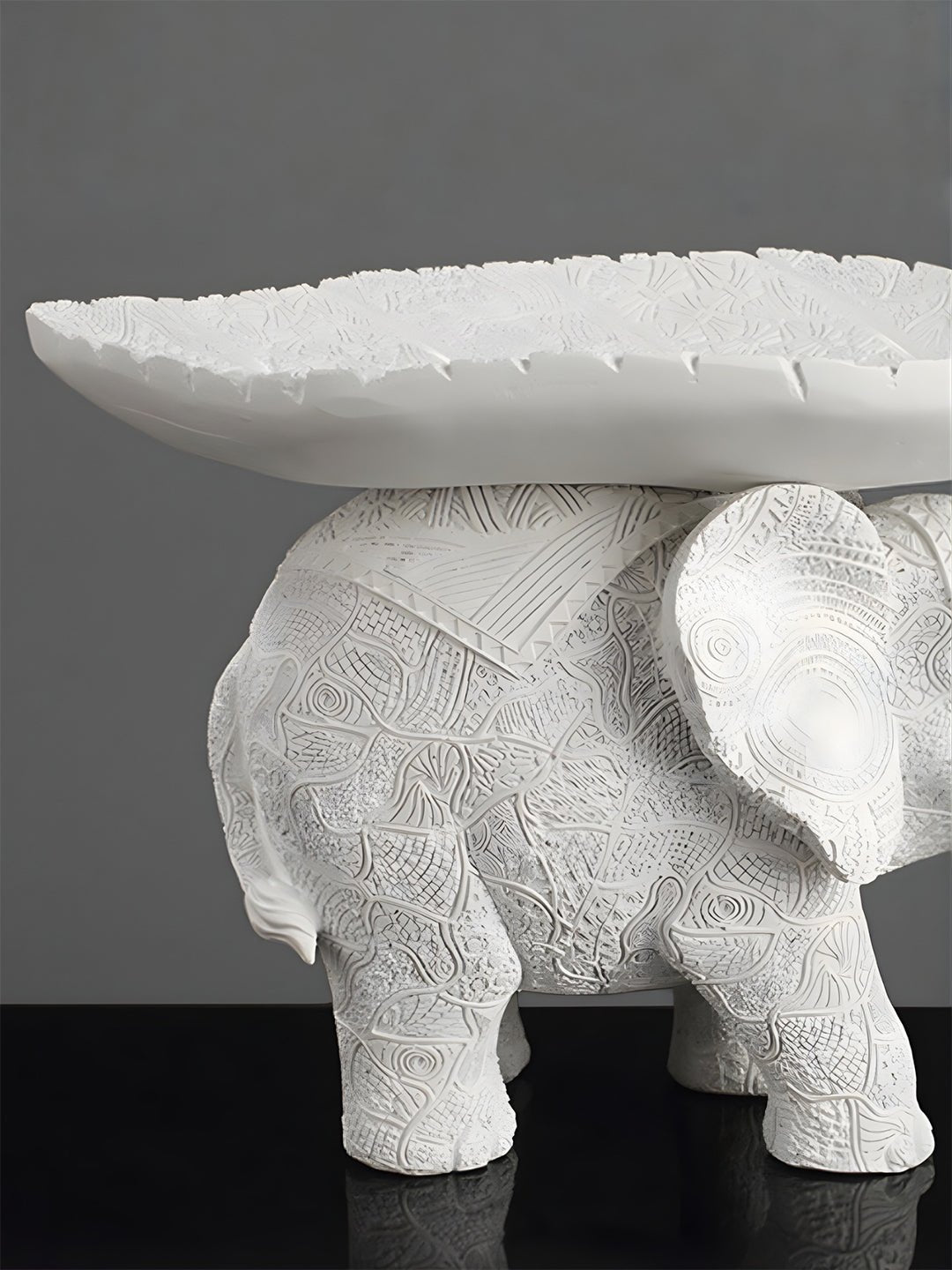 White Resin Elephant with Leaf Platter - The Golden Theory
