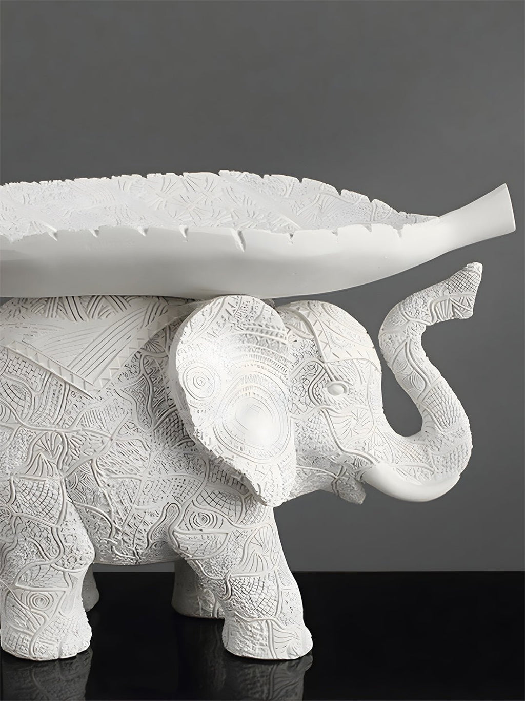 White Resin Elephant with Leaf Platter - The Golden Theory