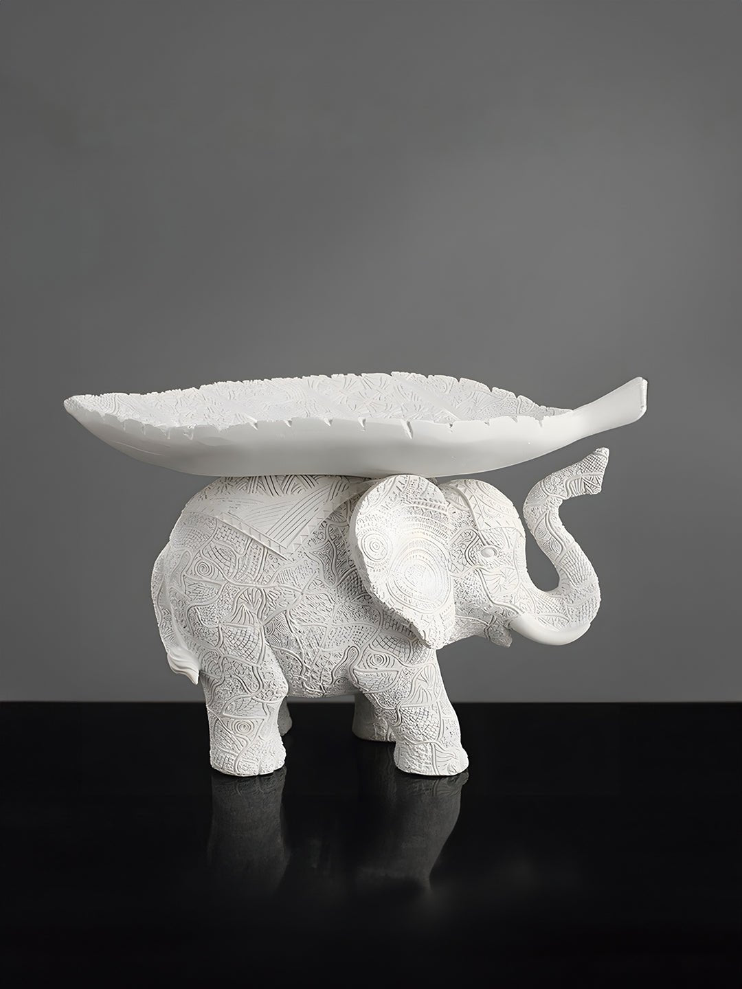 White Resin Elephant with Leaf Platter - The Golden Theory Main image