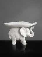 White Resin Elephant with Leaf Platter - The Golden Theory