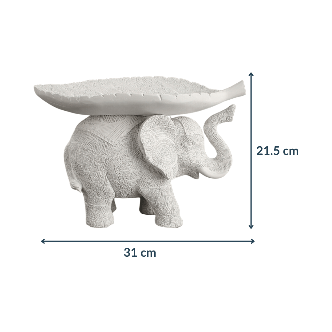 White Resin Elephant with Leaf Platter - The Golden Theory