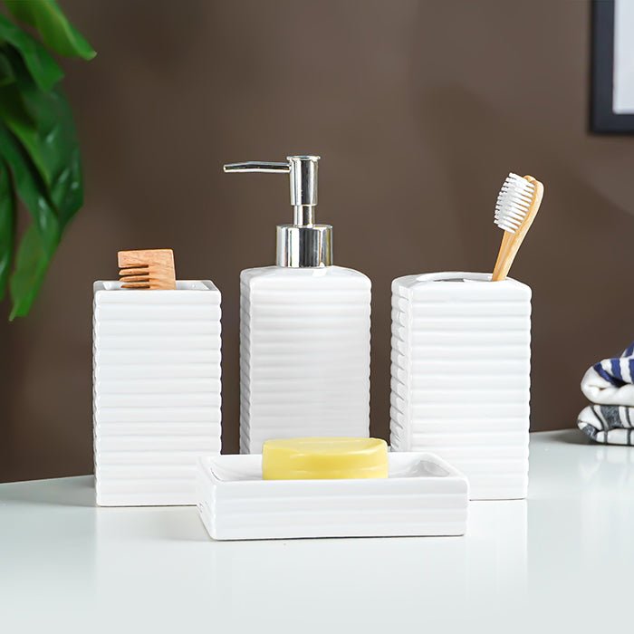 White Ribbed Ceramic Bathroom Set of 4 - The Golden Theory Main image