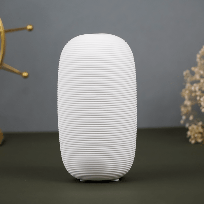 White Ribbed Ceramic Vase with Textured Design - The Golden Theory