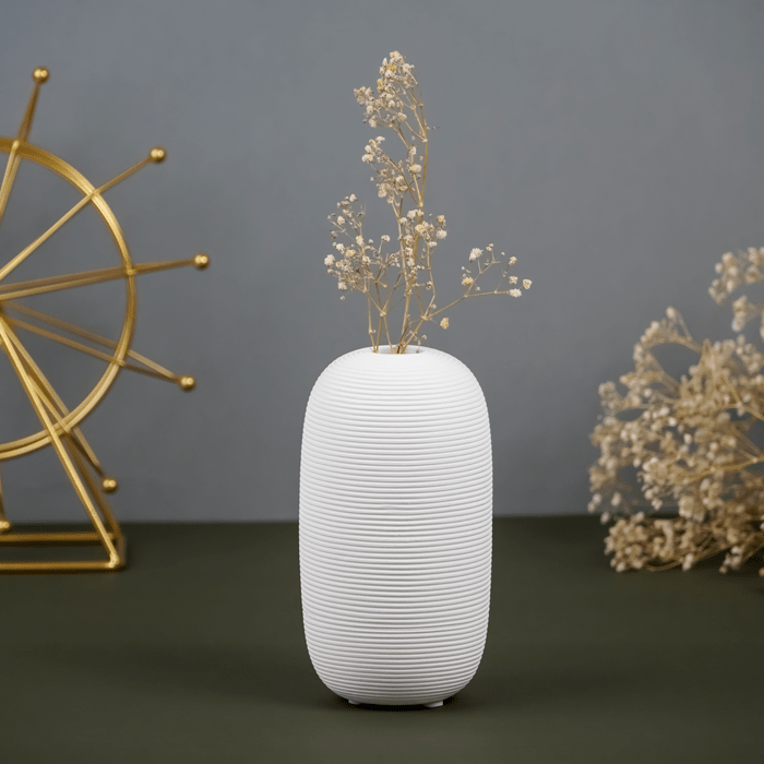 White Ribbed Ceramic Vase with Textured Design - The Golden Theory