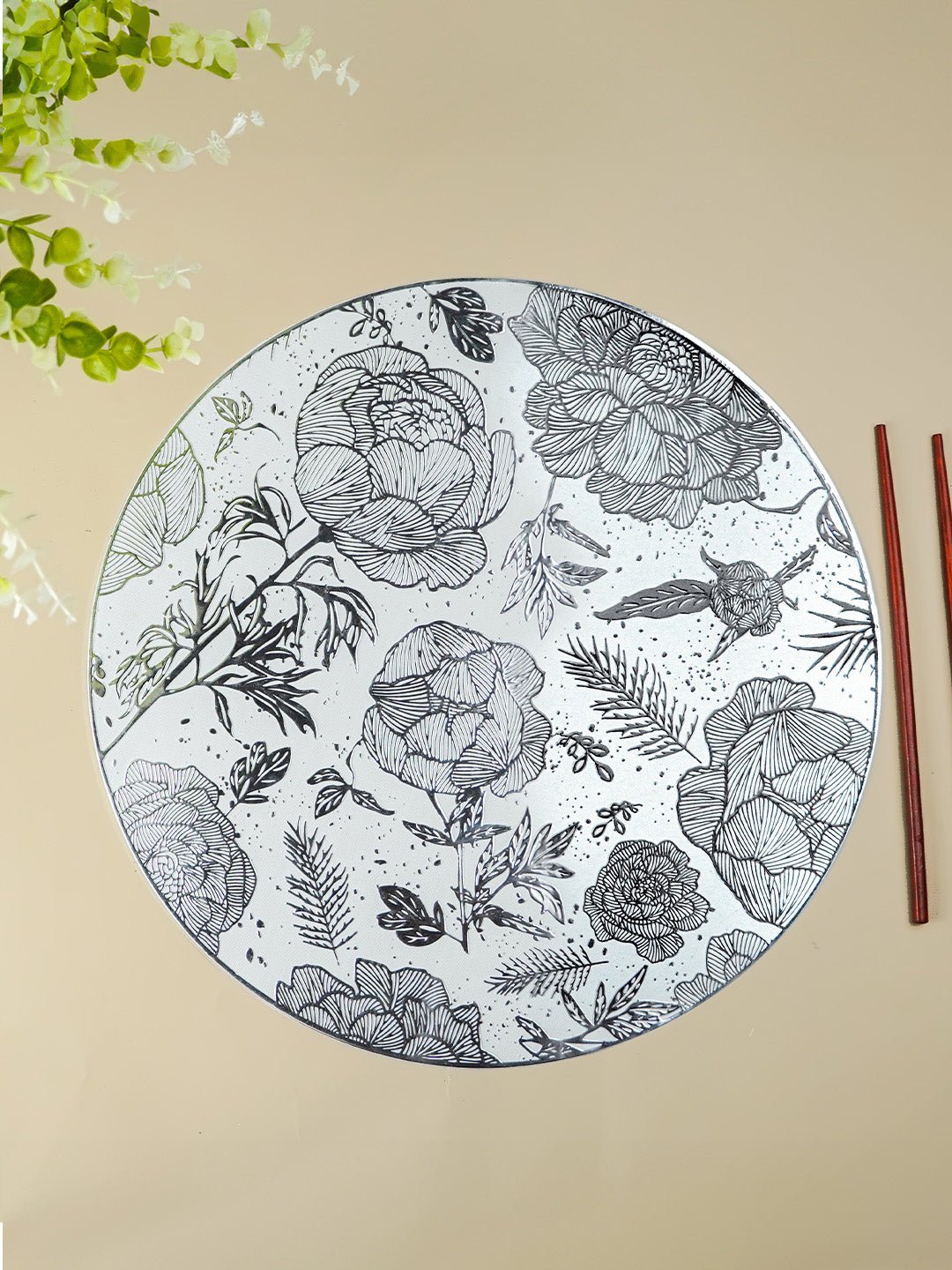 White Round Table Mat with Silver Floral Illustration - The Golden Theory Main image
