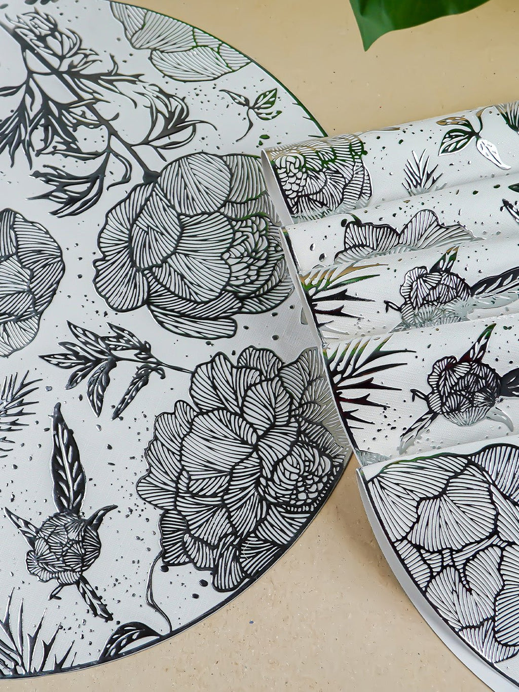 White Round Table Mat with Silver Floral Illustration - The Golden Theory