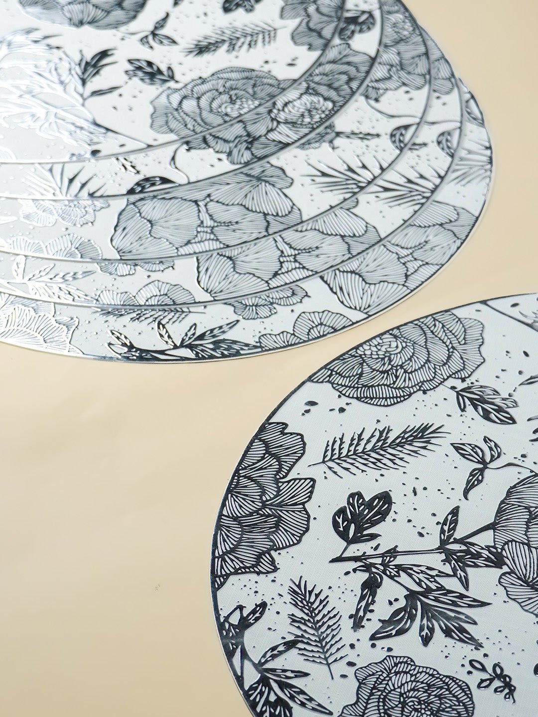 White Round Table Mat with Silver Floral Illustration Secondary image